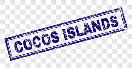 COCOS ISLANDS stamp seal print with dirty style and double framed rectangle shape. Stamp is placed on a transparent background. Blue vector rubber print of COCOS ISLANDS text with dirty texture.のイラスト素材
