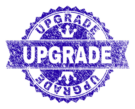 UPGRADE rosette stamp imitation with distress style. Designed with round rosette, ribbon and small crowns. Blue vector rubber watermark of UPGRADE title with unclean style.のイラスト素材
