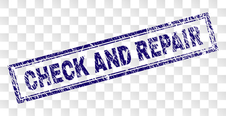 CHECK AND REPAIR stamp seal watermark with grunge style and double framed rectangle shape. Stamp is placed on a transparent background.のイラスト素材