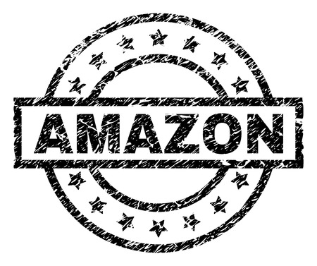 AMAZON stamp seal watermark with distress style. Designed with rectangle, circles and stars. Black vector rubber print of AMAZON tag with unclean texture.のイラスト素材
