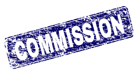 COMMISSION stamp seal print with distress texture. Seal shape is a rounded rectangle with frame. Blue vector rubber print of COMMISSION title with corroded texture.のイラスト素材