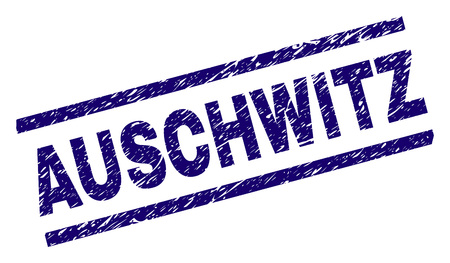 AUSCHWITZ seal watermark with scratced style. Blue vector rubber print of AUSCHWITZ text with scratched texture. Text tag is placed between parallel lines.のイラスト素材