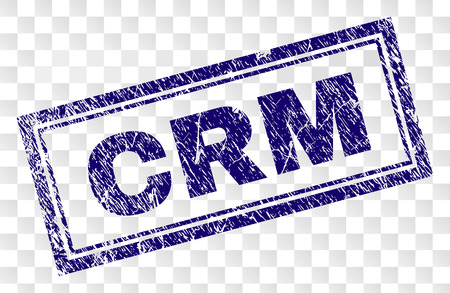 CRM stamp seal imprint with rubber print style and double framed rectangle shape. Stamp is placed on a transparent background. Blue vector rubber print of CRM label with retro texture.のイラスト素材