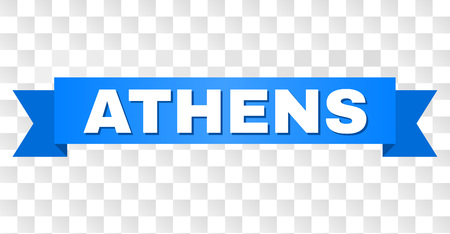 ATHENS text on a ribbon. Designed with white title and blue tape. Vector banner with ATHENS tag on a transparent background.のイラスト素材