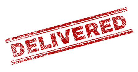 DELIVERED seal stamp with distress texture. Red vector rubber print of DELIVERED text with dust texture. Text caption is placed between double parallel lines.のイラスト素材