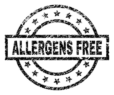 ALLERGENS FREE stamp seal watermark with distress style. Designed with rectangle, circles and stars. Black vector rubber print of ALLERGENS FREE label with dust texture.のイラスト素材