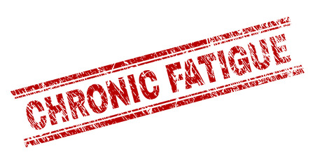 CHRONIC FATIGUE seal print with grunge texture. Red vector rubber print of CHRONIC FATIGUE label with scratched texture. Text label is placed between double parallel lines.のイラスト素材