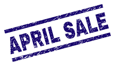 APRIL SALE seal print with distress style. Blue vector rubber print of APRIL SALE tag with retro texture. Text caption is placed between parallel lines.のイラスト素材