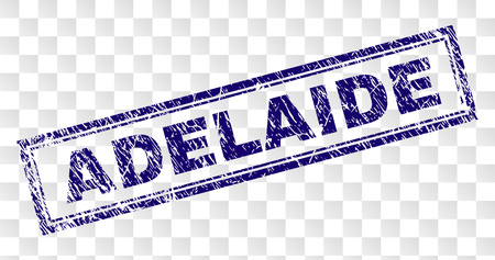 ADELAIDE stamp seal imprint with dirty style and double framed rectangle shape. Stamp is placed on a transparent background. Blue vector rubber print of ADELAIDE caption with grunge texture.のイラスト素材