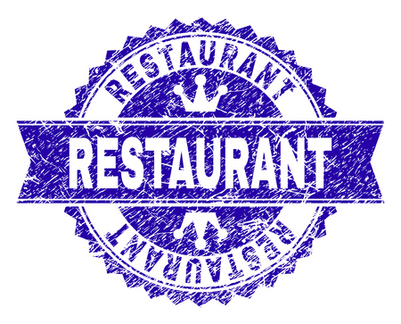 RESTAURANT rosette stamp seal overlay with grunge style. Designed with round rosette, ribbon and small crowns. Blue vector rubber print of RESTAURANT title with dust style.のイラスト素材