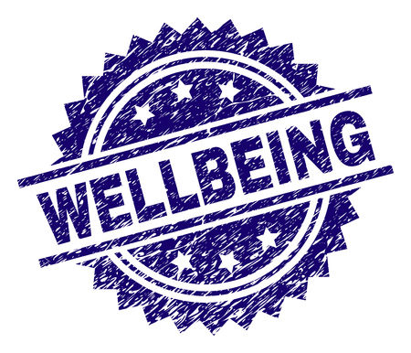WELLBEING stamp seal watermark with distress style. Blue vector rubber print of WELLBEING title with dirty texture.のイラスト素材