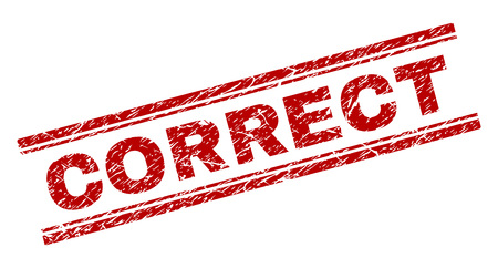 CORRECT seal watermark with corroded texture. Red vector rubber print of CORRECT text with grunge texture. Text tag is placed between double parallel lines.のイラスト素材