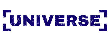 UNIVERSE text seal watermark with corroded effect. Text tag is placed between corners. Blue vector rubber print of UNIVERSE with corroded texture.のイラスト素材