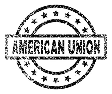 AMERICAN UNION stamp seal watermark with distress style. Designed with rectangle, circles and stars. Black vector rubber print of AMERICAN UNION title with unclean texture.のイラスト素材