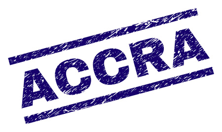 ACCRA seal print with scratced style. Blue vector rubber print of ACCRA caption with dust texture. Text caption is placed between parallel lines.のイラスト素材