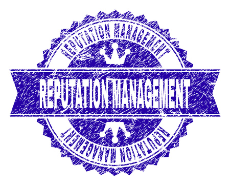 REPUTATION MANAGEMENT rosette stamp seal imprint with grunge effect. Designed with round rosette, ribbon and small crowns.のイラスト素材