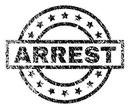 ARREST stamp seal watermark with distress style. Designed with rectangle, circles and stars. Black vector rubber print of ARREST text with unclean texture.のイラスト素材