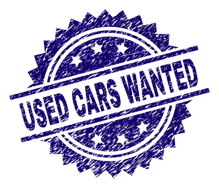 USED CARS WANTED stamp seal watermark with distress style. Blue vector rubber print of USED CARS WANTED caption with dirty texture.のイラスト素材