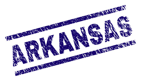 ARKANSAS seal print with scratced style. Blue vector rubber print of ARKANSAS text with dust texture. Text tag is placed between parallel lines.のイラスト素材