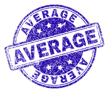 AVERAGE stamp seal watermark with distress texture. Designed with rounded rectangles and circles. Blue vector rubber print of AVERAGE tag with unclean texture.のイラスト素材