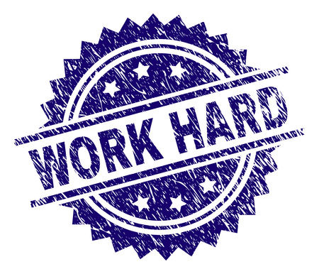 WORK HARD stamp seal watermark with distress style. Blue vector rubber print of WORK HARD label with corroded texture.のイラスト素材