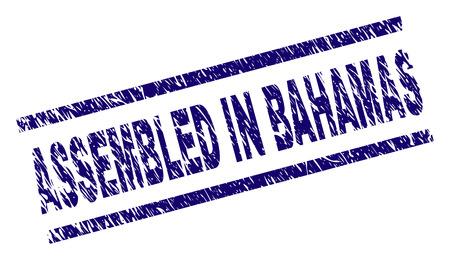 ASSEMBLED IN BAHAMAS seal print with scratced style. Blue vector rubber print of ASSEMBLED IN BAHAMAS text with grunge texture. Text title is placed between parallel lines.のイラスト素材