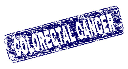 COLORECTAL CANCER stamp seal print with distress texture. Seal shape is a rounded rectangle with frame. Blue vector rubber print of COLORECTAL CANCER caption with dirty texture.のイラスト素材