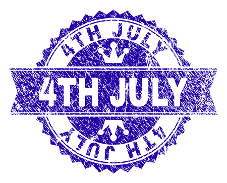 4TH JULY rosette stamp imprint with grunge texture. Designed with round rosette, ribbon and small crowns. Blue vector rubber print of 4TH JULY label with grunge texture.のイラスト素材