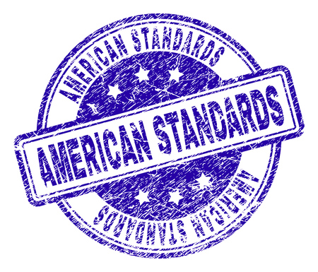 AMERICAN STANDARDS stamp seal imprint with grunge style. Designed with rounded rectangles and circles. Blue vector rubber print of AMERICAN STANDARDS title with grunge texture.のイラスト素材