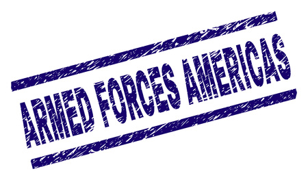 ARMED FORCES AMERICAS seal print with grunge style. Blue vector rubber print of ARMED FORCES AMERICAS label with dirty texture. Text tag is placed between parallel lines.のイラスト素材