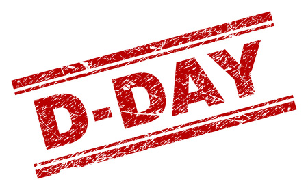 D-DAY seal print with corroded texture. Red vector rubber print of D-DAY title with grunge texture. Text title is placed between double parallel lines.のイラスト素材