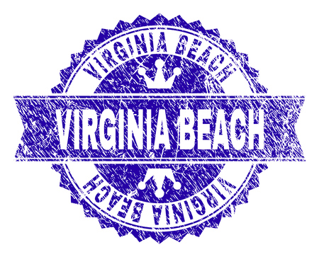 VIRGINIA BEACH rosette stamp imprint with distress style. Designed with round rosette, ribbon and small crowns. Blue vector rubber print of VIRGINIA BEACH label with unclean style.のイラスト素材
