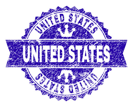 UNITED STATES rosette stamp watermark with grunge effect. Designed with round rosette, ribbon and small crowns. Blue vector rubber watermark of UNITED STATES title with grunge style.のイラスト素材