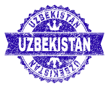 UZBEKISTAN rosette seal overlay with distress texture. Designed with round rosette, ribbon and small crowns. Blue vector rubber print of UZBEKISTAN label with unclean texture.のイラスト素材
