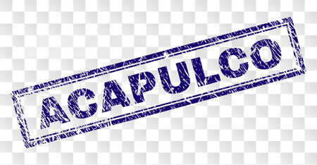 ACAPULCO stamp seal watermark with grunge style and double framed rectangle shape. Stamp is placed on a transparent background. Blue vector rubber print of ACAPULCO tag with grunge texture.のイラスト素材