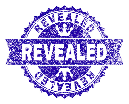 REVEALED rosette seal imitation with distress texture. Designed with round rosette, ribbon and small crowns. Blue vector rubber watermark of REVEALED title with dust texture.のイラスト素材