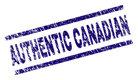 AUTHENTIC CANADIAN seal print with scratced style. Blue vector rubber print of AUTHENTIC CANADIAN title with dirty texture. Text title is placed between parallel lines.のイラスト素材