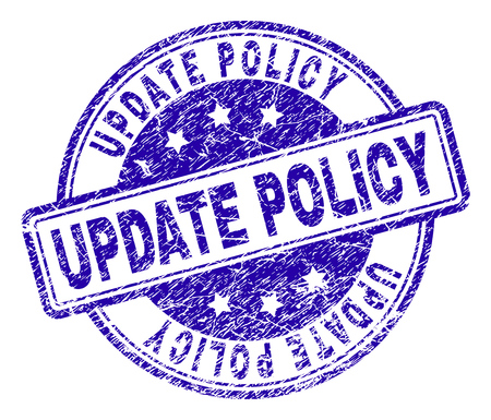 UPDATE POLICY stamp seal imprint with grunge texture. Designed with rounded rectangles and circles. Blue vector rubber print of UPDATE POLICY label with grunge texture.のイラスト素材