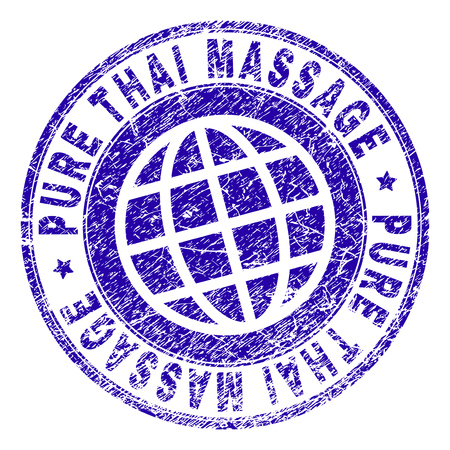 PURE THAI MASSAGE stamp print with distress texture. Blue vector rubber seal print of PURE THAI MASSAGE caption with dirty texture. Seal has words placed by circle and globe symbol.のイラスト素材