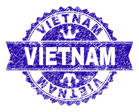 VIETNAM rosette seal watermark with grunge style. Designed with round rosette, ribbon and small crowns. Blue vector rubber watermark of VIETNAM title with grunge style.のイラスト素材