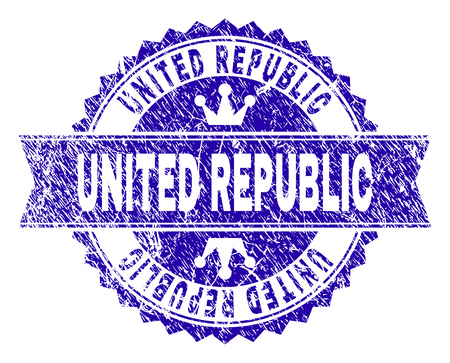 UNITED REPUBLIC rosette stamp seal watermark with grunge effect. Designed with round rosette, ribbon and small crowns. Blue vector rubber watermark of UNITED REPUBLIC label with dirty texture.のイラスト素材