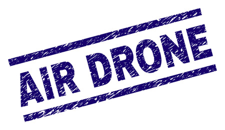 AIR DRONE seal print with scratced style. Blue vector rubber print of AIR DRONE text with dirty texture. Text title is placed between parallel lines.のイラスト素材