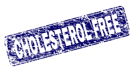 CHOLESTEROL FREE stamp seal print with distress texture. Seal shape is a rounded rectangle with frame. Blue vector rubber print of CHOLESTEROL FREE title with corroded style.のイラスト素材