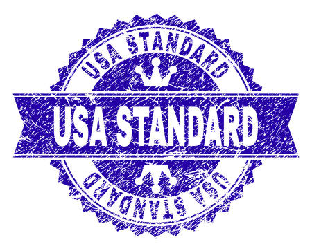 USA STANDARD rosette stamp watermark with grunge style. Designed with round rosette, ribbon and small crowns. Blue vector rubber watermark of USA STANDARD tag with unclean texture.のイラスト素材