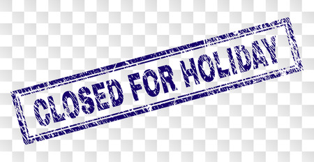 CLOSED FOR HOLIDAY stamp seal print with rubber print style and double framed rectangle shape. Stamp is placed on a transparent background.のイラスト素材