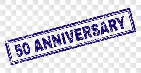 50 ANNIVERSARY stamp seal print with rubber print style and double framed rectangle shape. Stamp is placed on a transparent background.のイラスト素材