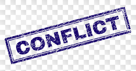 CONFLICT stamp seal print with scratched style and double framed rectangle shape. Stamp is placed on a transparent background. Blue vector rubber print of CONFLICT tag with dust texture.のイラスト素材
