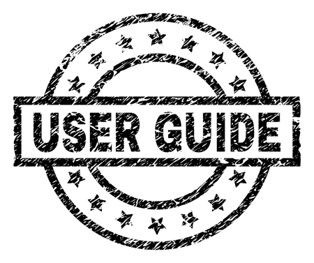 USER GUIDE stamp seal watermark with distress style. Designed with rectangle, circles and stars. Black vector rubber print of USER GUIDE label with grunge texture.のイラスト素材