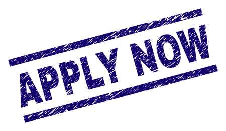 APPLY NOW seal print with scratced style. Blue vector rubber print of APPLY NOW text with scratched texture. Text title is placed between parallel lines.のイラスト素材