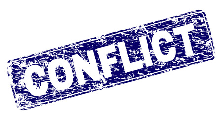 CONFLICT stamp seal print with grunge texture. Seal shape is a rounded rectangle with frame. Blue vector rubber print of CONFLICT label with grunge texture.のイラスト素材